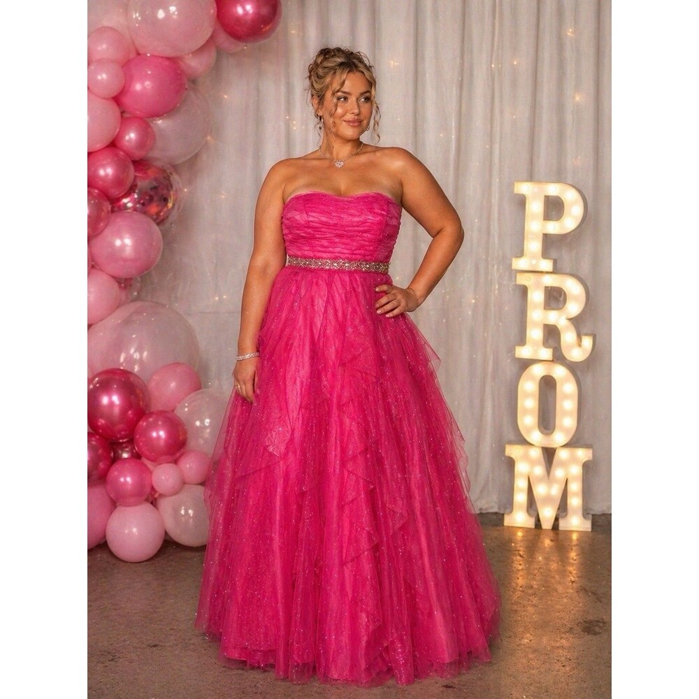 Hailey Logan Adrianna Papell Rhinestone Beaded  Prom Dress Pink Ball Formal 18